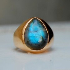 Pear Labradorite Gemstone 925 Sterling Silver Yellow Gold Plated Unisex Ring