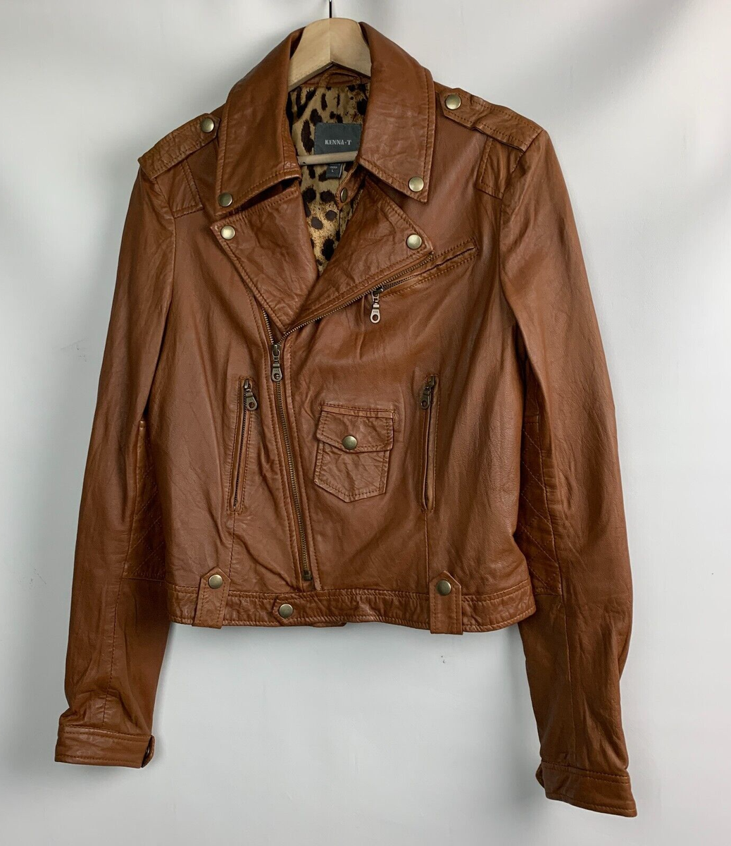Kenna-T Moto Jacket Brown Leather Collared Zip Snap Pockets Lined