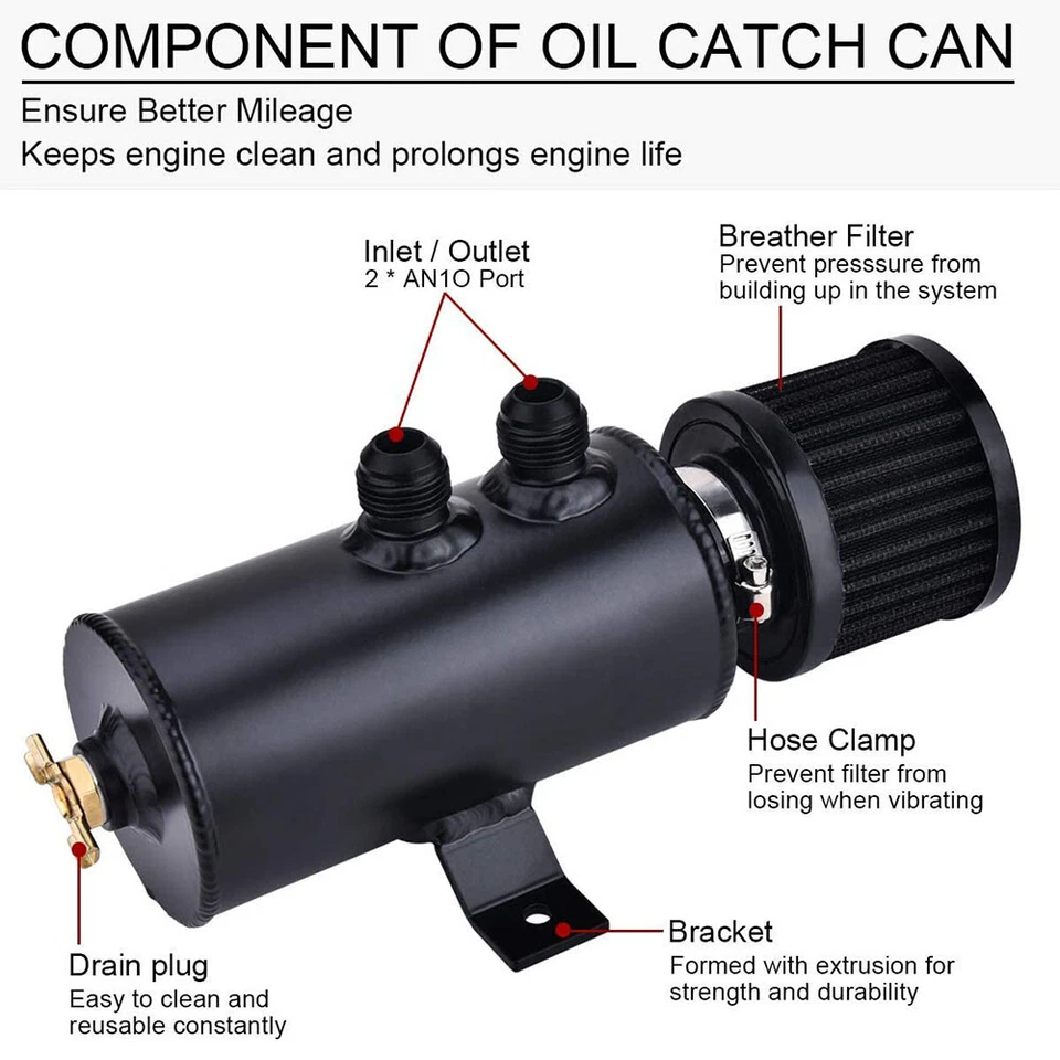 10AN Oil Catch Can Reservoir Tank 2 Port Dual Breather Filter Baffled+ 20ft hose - Изображение 4 из 4
