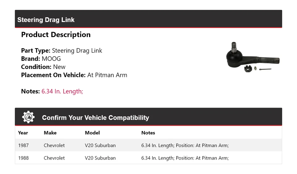 Для 1987-1988 Chevrolet V20 Suburban рулевое тяговое звено на рычаге Pitman MOOG - Изображение 2 из 4