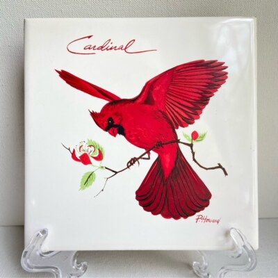 Vintage Red Cardinal ceramic tile trivet by P. Howard for Screen Craft cork back