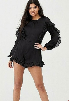 RIVER ISLAND Black Ruffle Long Sleeve Belted Playsuit Size UK 14 EUR 40 BNWT | eBay