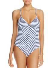 Splendid Chambray All Day S/C One Piece Swimsuit sz L Blue White Striped