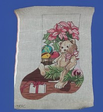 Ellie Hand Painted Needlepoint Canvas  Christmas Stocking Poinsettia Bear Plush