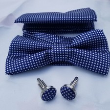 Alizeal Mens Tuxedo Bow Tie Hanky and Cufflinks Set Blue Checker Pattern NEW