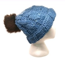HANDMADE Blue Wool Cable Knit Hand Crocheted Beanie w/ Brown Faux Fur Pom Pom