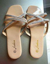 Beige Silver Rhinestone Crisscross Strappy Slip On Sandal Synthetic Women's 38