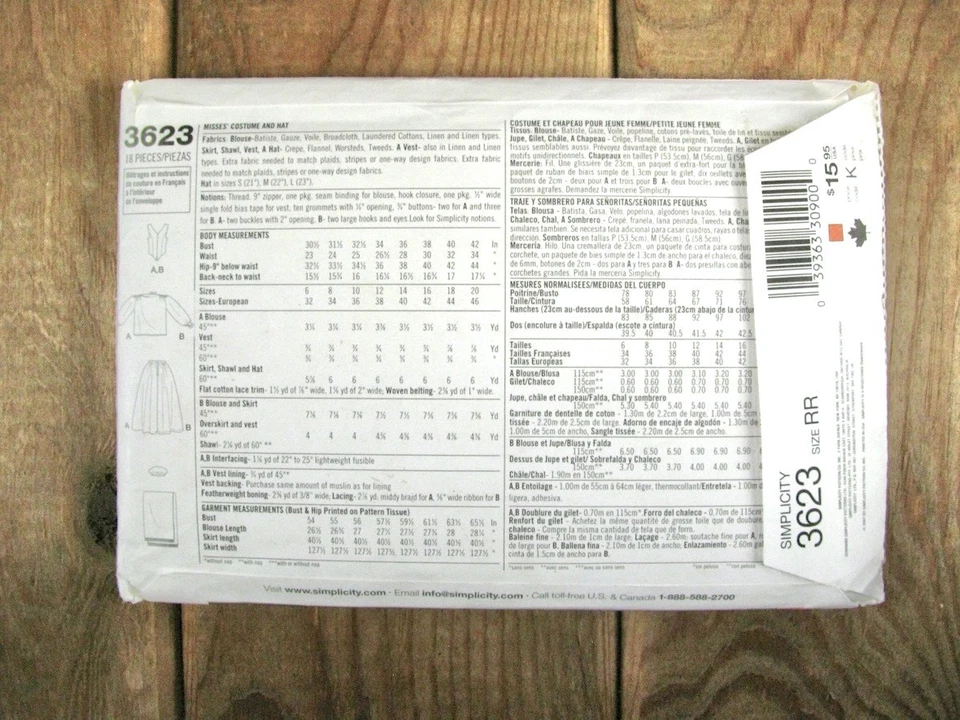 Scottish Historical Dress Costume Sewing Pattern Simplicity 3623 Size 14-20 UC - Image 3 of 4