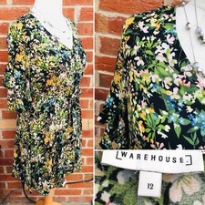 Warehouse Size 12 Green Floral Dress Spring Wedding Stretchy L7
