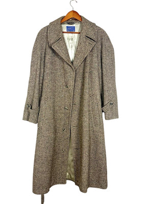 Vtg Pendleton Gray Tweed 100% Pure Virgin Wool Long Trench Belt Made in USA 44