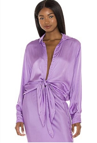 NWT Indah Tilda Long Sleeve Tie Front Satin Shirt S/M Violet Sexy Designer