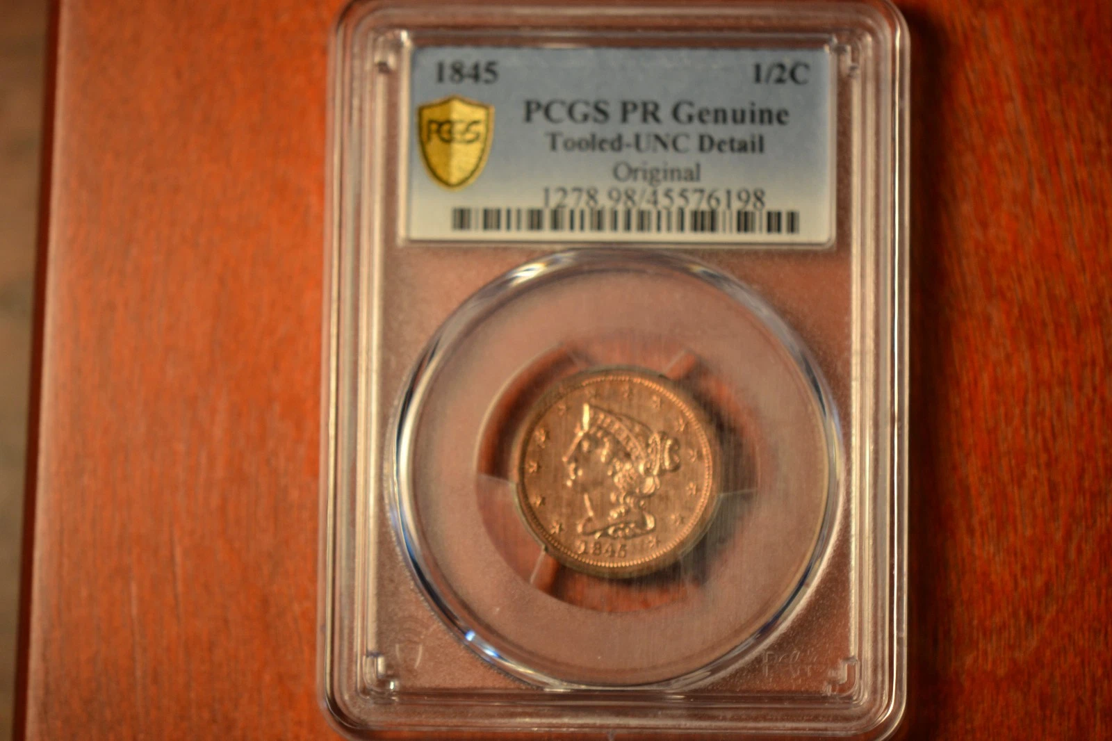 1845 Braided Hair Half Cent- PCGS PR Genuine- Unc. Details. Tooled.  Original.