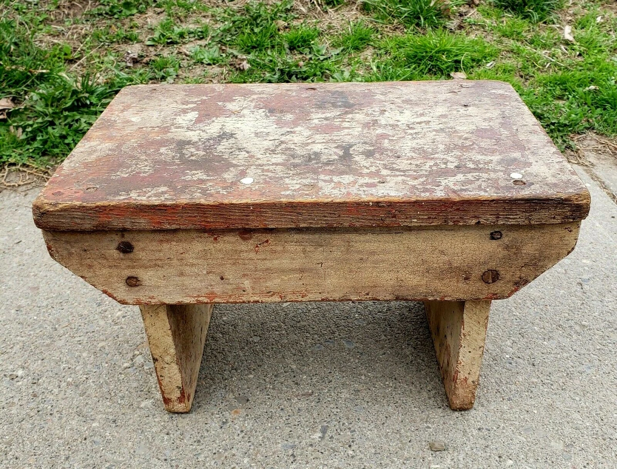 Antique Primitive Wooden Foot Stool Bench Old Original Paint Folk