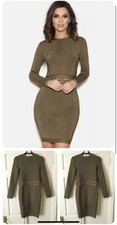 HOUSE OF CB ‘SHULA’ KHAKI LONG SLEEVED BANDAGE DRESS GOLD CHAIN ACCENTS SIZE M