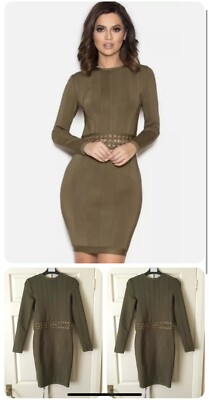 HOUSE OF CB 'SHULA' KHAKI LONG SLEEVED BANDAGE DRESS GOLD CHAIN ACCENTS  SIZE M | eBay UK