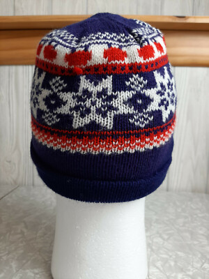 Vintage 80s 90s Kid's Winter Hat Navy Blue Nordic Red Snowflake