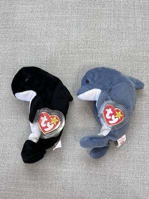 Ty Beanie Baby Lot of 2 Echo Dolphin And Waves Whale 1996 Vintage