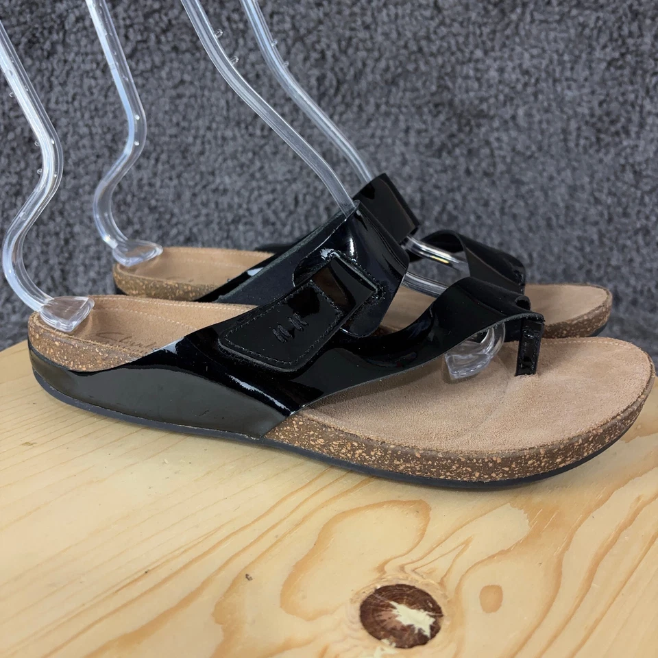 Sandalias Clarks Rosilla Durham Toe Ring para mujer 11 charol negro corcho tobogán Foto 4 de 4