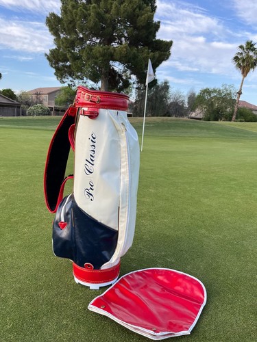 Bolso de golf vintage profesional clásico rojo, blanco y azul imitación cuero - raro + capucha para lluvia - Imagen 2 de 8