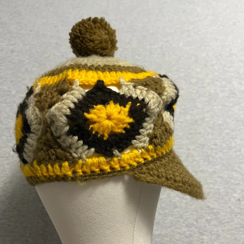 Gorro Vintage Crochet Granny Ala Cuadrada Página Niño Sombrero Amarillo Marrón Años 80 70 Foto 3 de 4