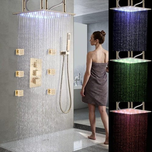 16x32 in LED Shower Faucet Set Rain Shower Head Combo W/Massage Jet Brushed Gold - Picture 4 of 11