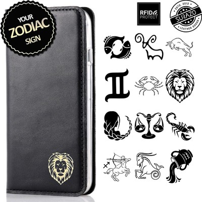 Surazo  RFID SMART MAGNET Echtes Ledertasche Schutzhülle mit STERNZEICHEN Zodiac