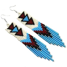 Native style Beaded Handmade Long Fashion Cream Turquoise Hook Earrings E58/16