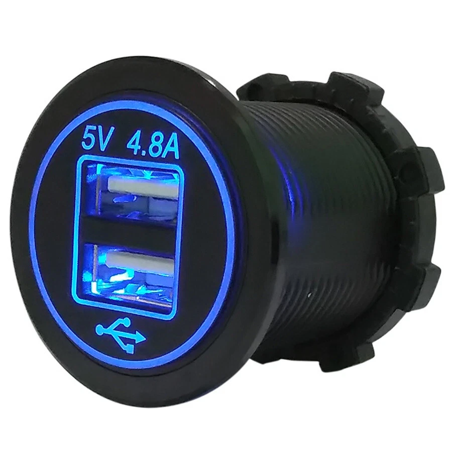Cargador de alimentación USB de doble puerto 2.4A LED azul con fusible de cable para ATV motocicleta barco Foto 3 de 4