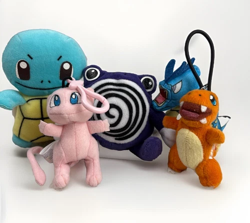 1990s Pokémon Vintage 5” Plushes. Squirtle, Poliwhirl, Mew, Charmander, Gyarados