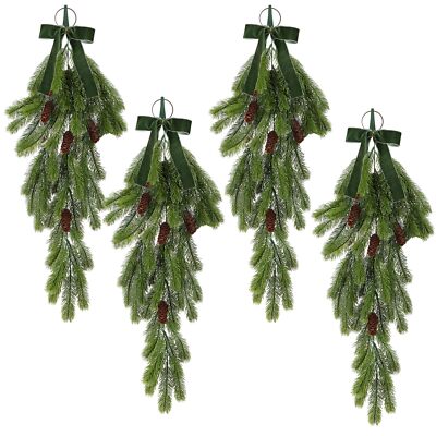 4 Pack Rustic Christmas Swags Teardrop Artificial Pine Pine Cones Velvet Bow