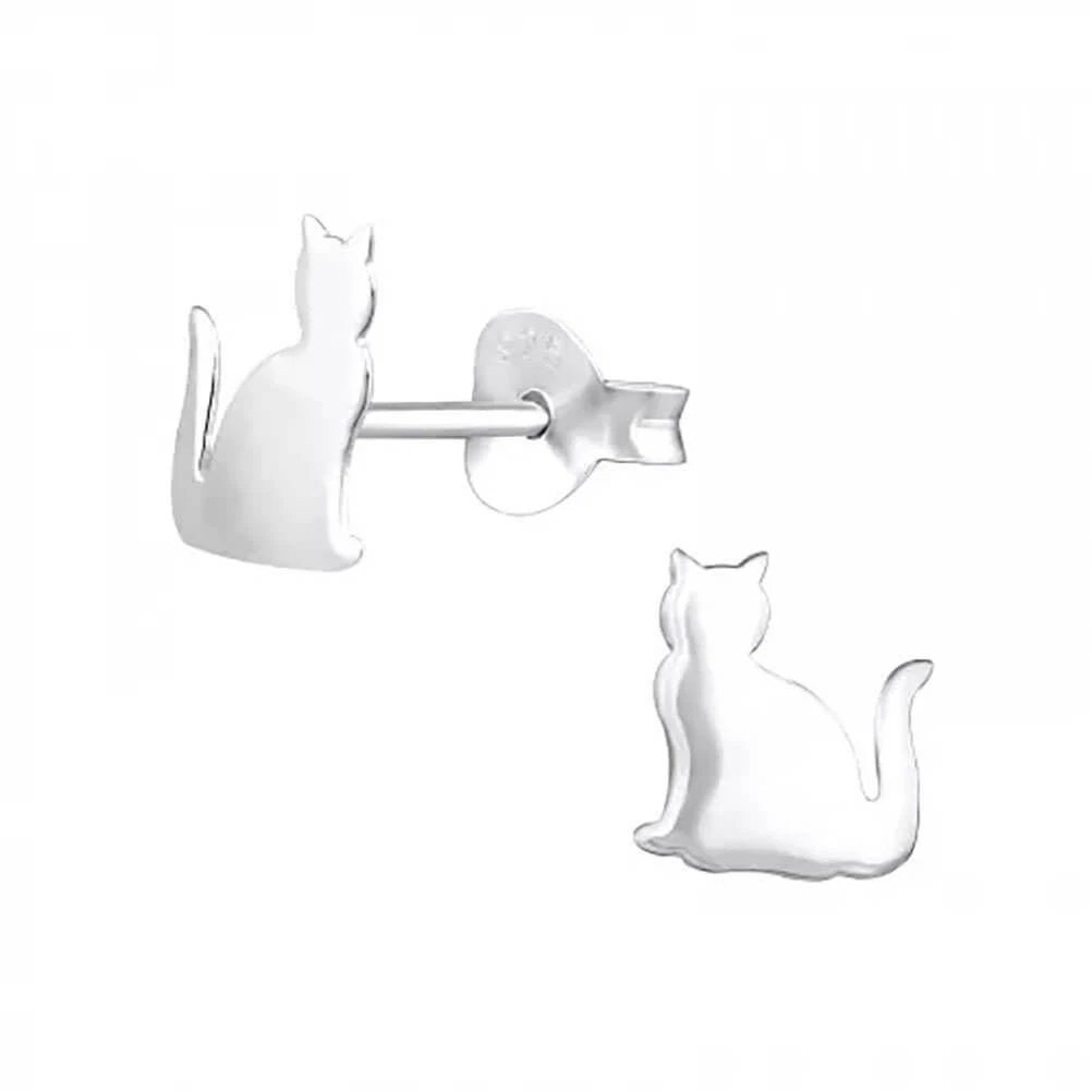 Cute Sterling Silver Sitting Cat Stud Earrings Gift Boxed Pets