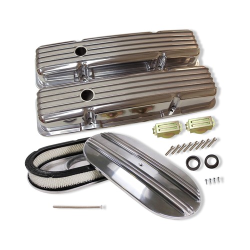 For Chevy SBC 1958-1986 Finned Polished Short Valve Cover Set & 15" Air Cleaner - Picture 2 of 7