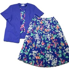 Vintage 80s 90s Skirt Top Set 18 Blue Floral Fruit Pleated Shoulder Pads Teacher