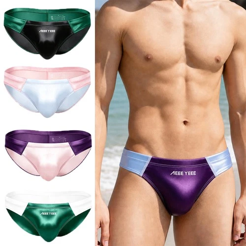 Men Sexy Satin Smooth Underwear Breathable Low-Waist Underpants Patchwork Briefs