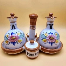 Spanish Vintage Hand Painted Ceramic Oil Vinegar Cruet Set w/ Salt Pepper&Tray