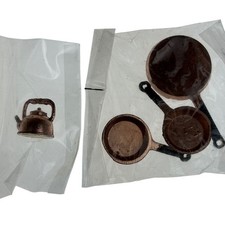 Miniature Copper Tea Kettle Fry Pans Set Dollhouse Lot 3 Vintage Taiwan Kitchen