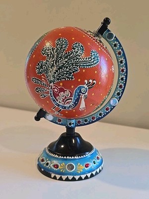Hand Painted Peacock Motif Ornate Boho Folk Art Globe On Metal Stand 8.5'' Tall