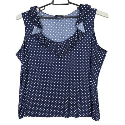 Womens Chaps Sleeveless Blouse Navy & White Polka Dots Scoop Neck Ruffles 2X