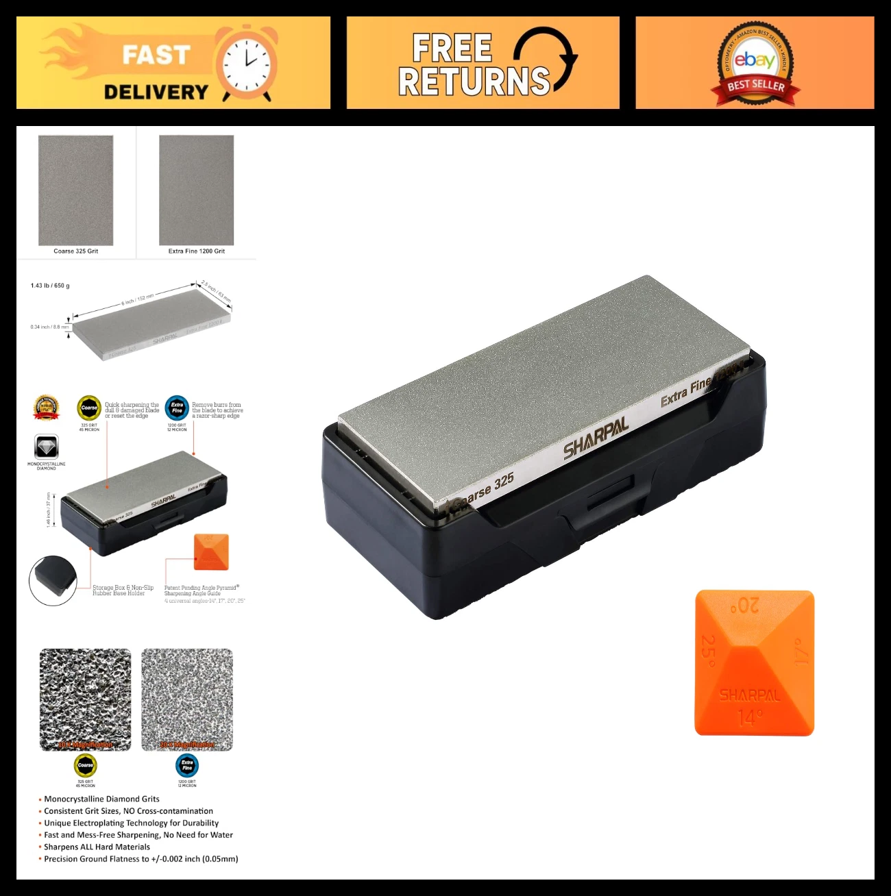 Double-sided Diamond Whetstone Knife Sharpener - Coarse 325/Extra Fine 1200 Grit
