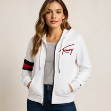 Tommy Hilfiger Hoodie Women M White Striped Classic Streetwear Sporty Sweatshirt