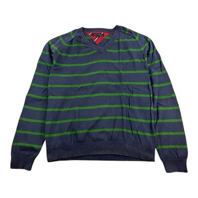 Tommy Hilfiger XXL Pullover Herren Sweatshirt Blau Grün Gestreift V-Ausschnitt