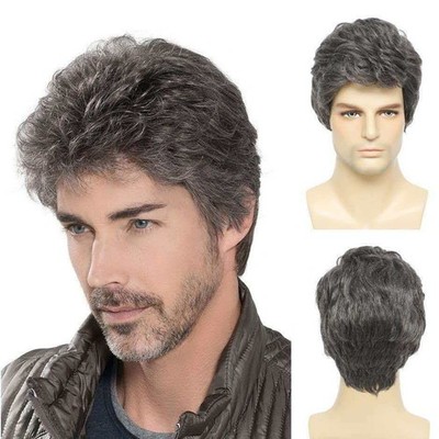 Men's 6in Short Silver Gray Wig Full Heat Resistant Synthetic Cosplay Party
