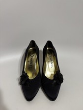 Vtg Chanel 80s Black Satin Camellia Heels 35
