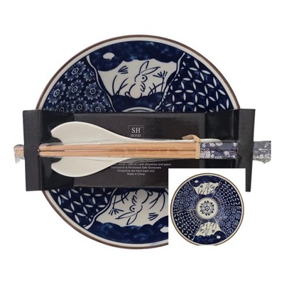 SH Home Bunnies Floral Ceramic Ramen Noodle Bowl With Chopstick And Spoon Blue
