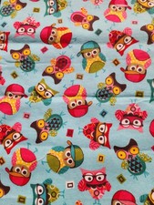 Whimsical Owls on Light Blue Background Flannel Fabric