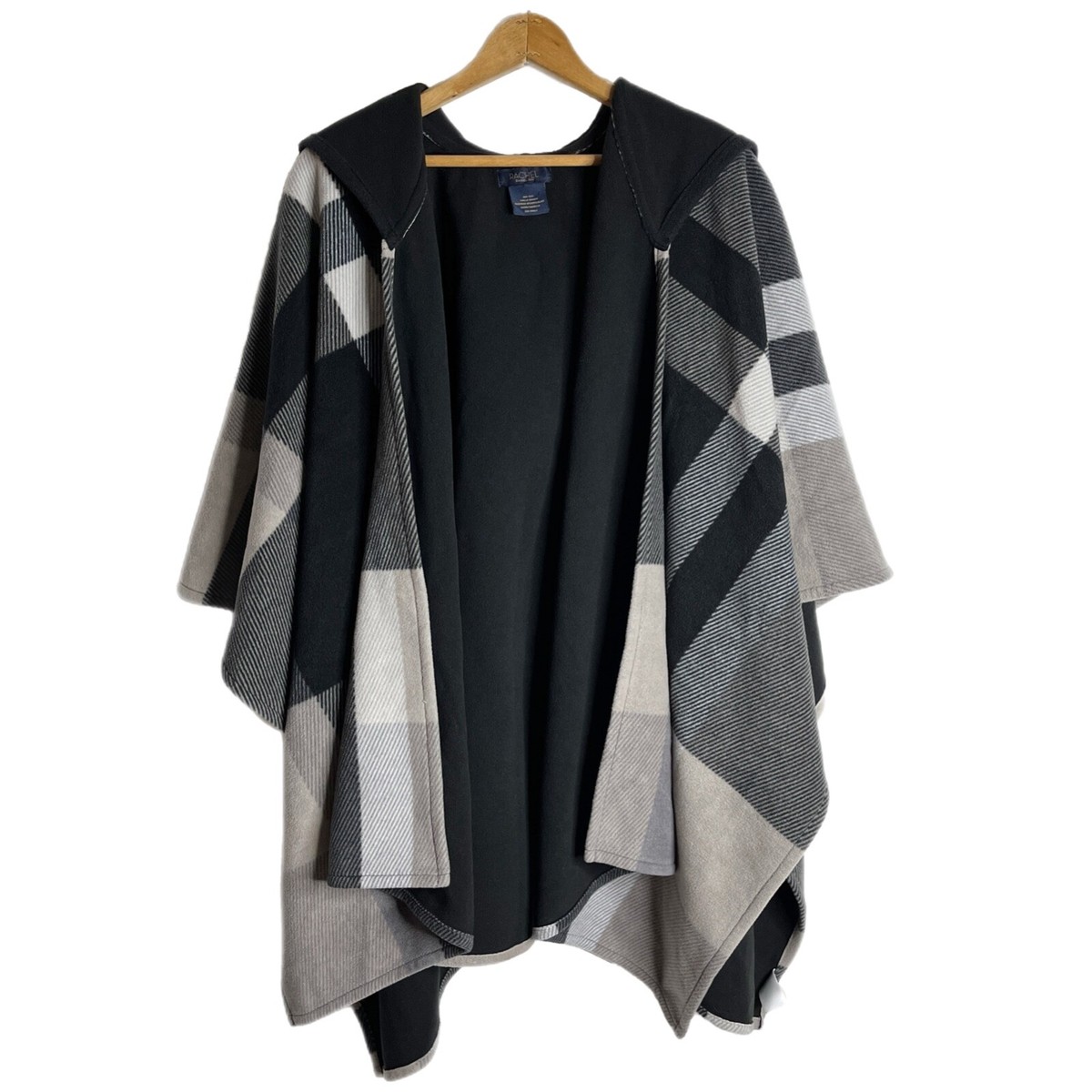 Rachel Roy Women's Fleece Cape Poncho One Size Black Plaid Hooded Open  Jacket