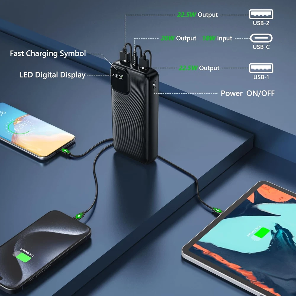 Power Bank 20000mAh 22W Charging Portable External Battery Backup For Cell Phone