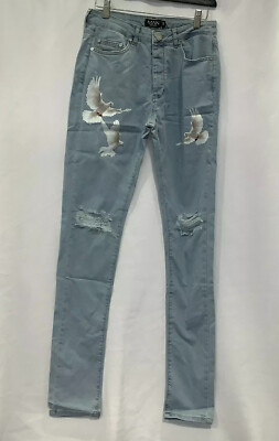 Boohooman Mens Dove Print Flat Front Stretch Stacked Ice Blue