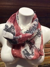 Infinity scarf Pug Dog black white, maroon chiffon