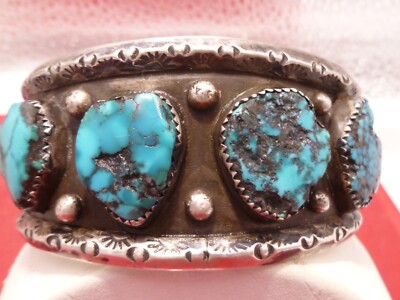 Fred Harvey Old Pawn Blue Turquoise Sterling Silver Bracelet Cuff Navajo Rare